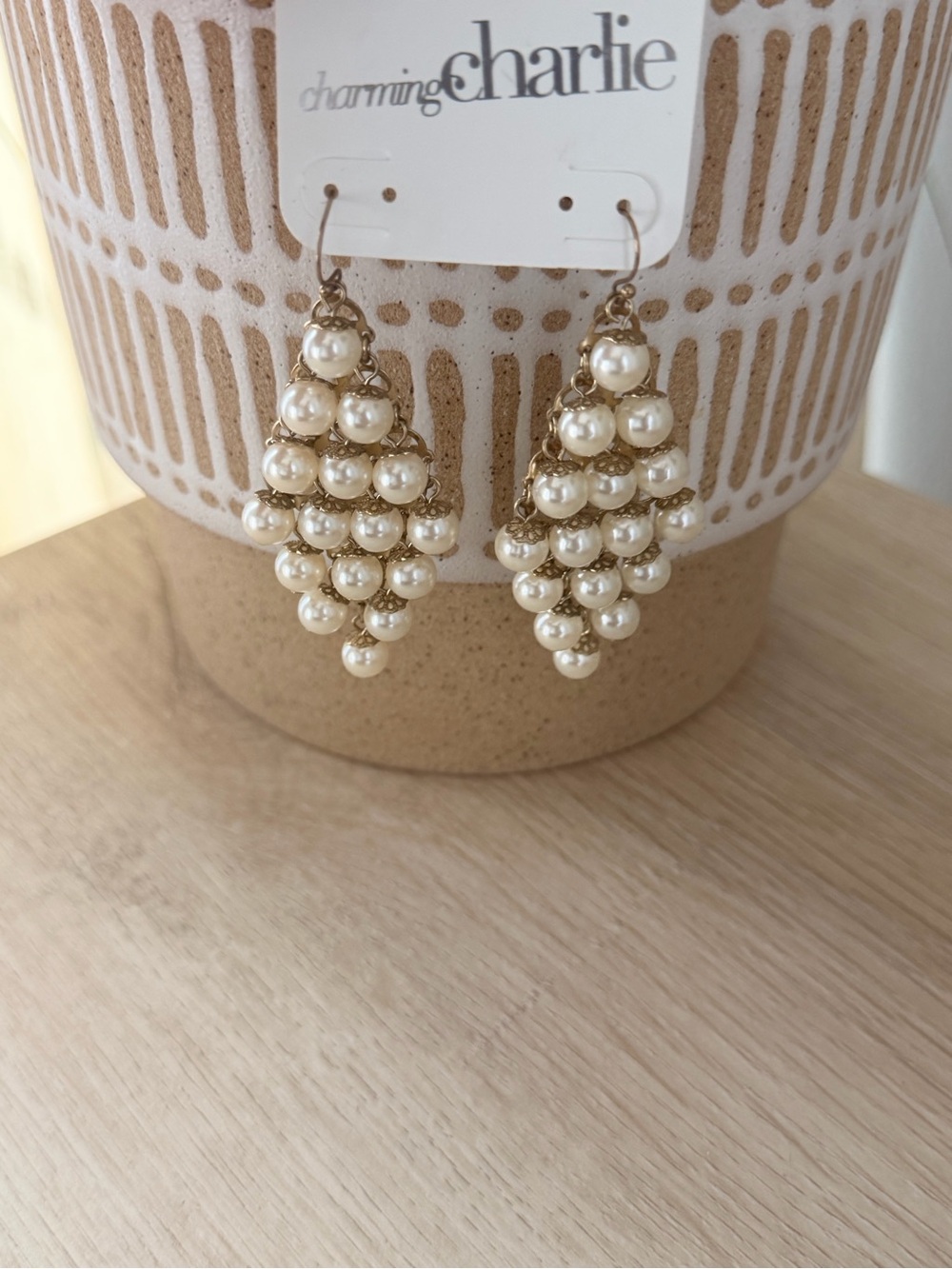 Cream Pearl Cascade Drop Earrings with Gold Tone